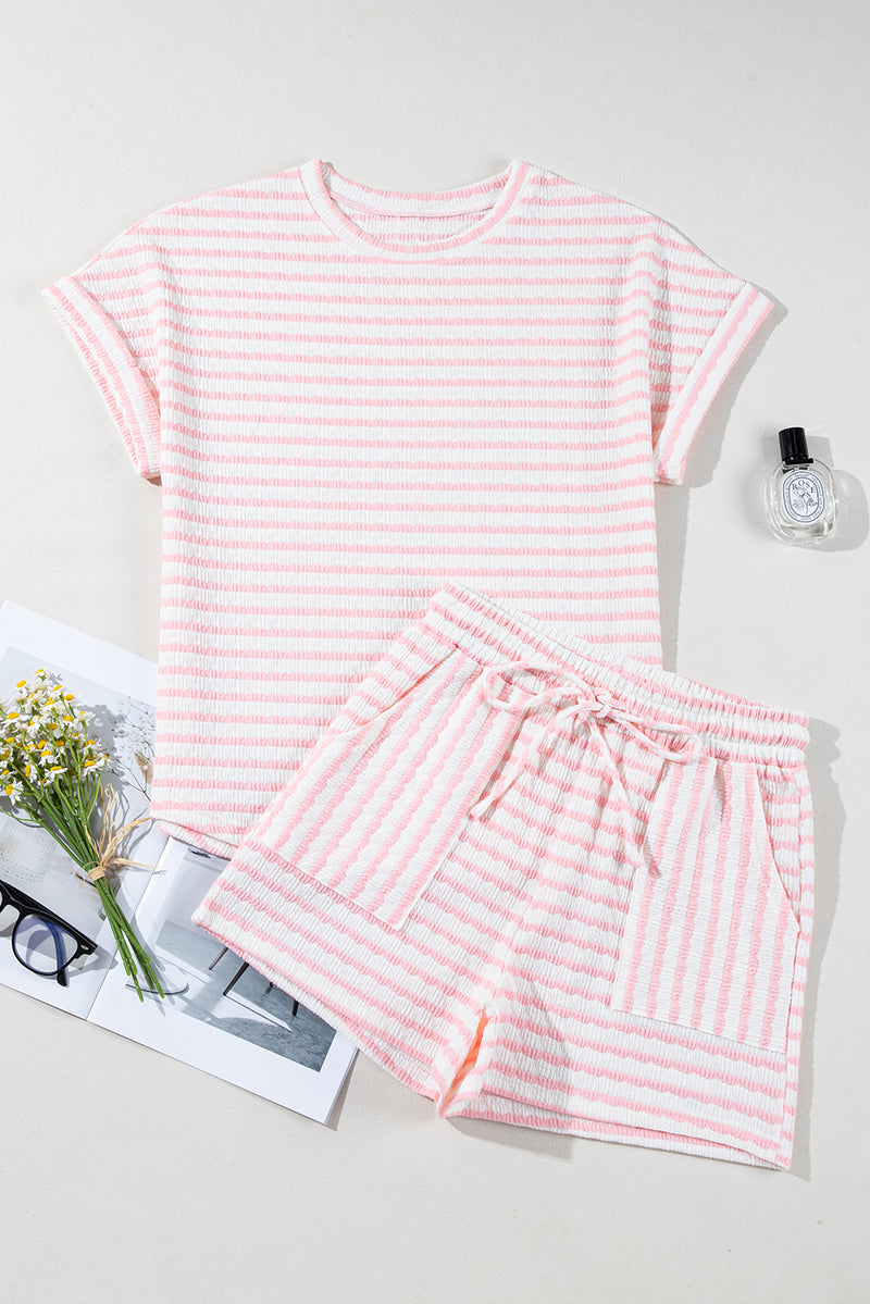 Stripe Knitted Short Sleeve Top and Drawstring Shorts Set