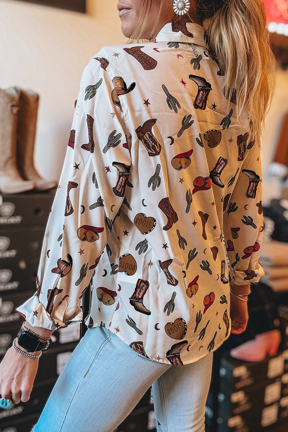 Western Fashion Print Button Up Casual Shirt
