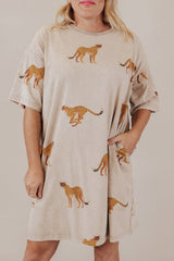 Plus Size Cheetah Print Side Pockets T Shirt Mini Dress