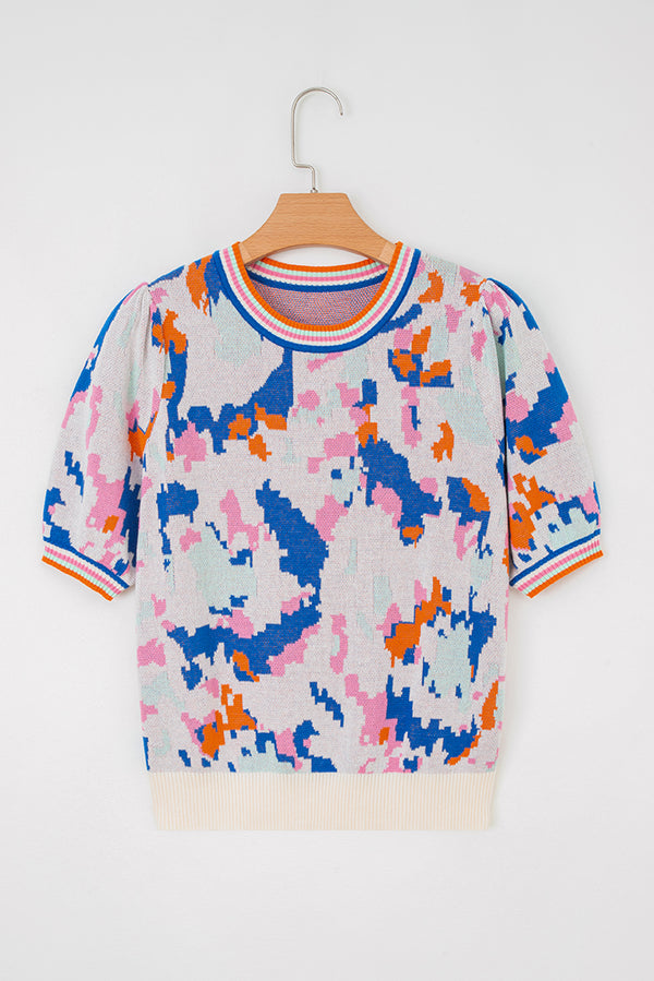 Multicolour Abstract Pattern Knit Contrast Striped Trim Short Sleeve Sweater