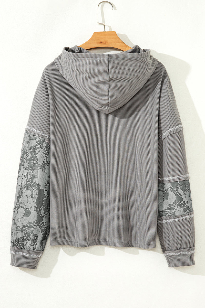Waffle Printed Patchwork Drawstring Hooded Long Sleeve Top