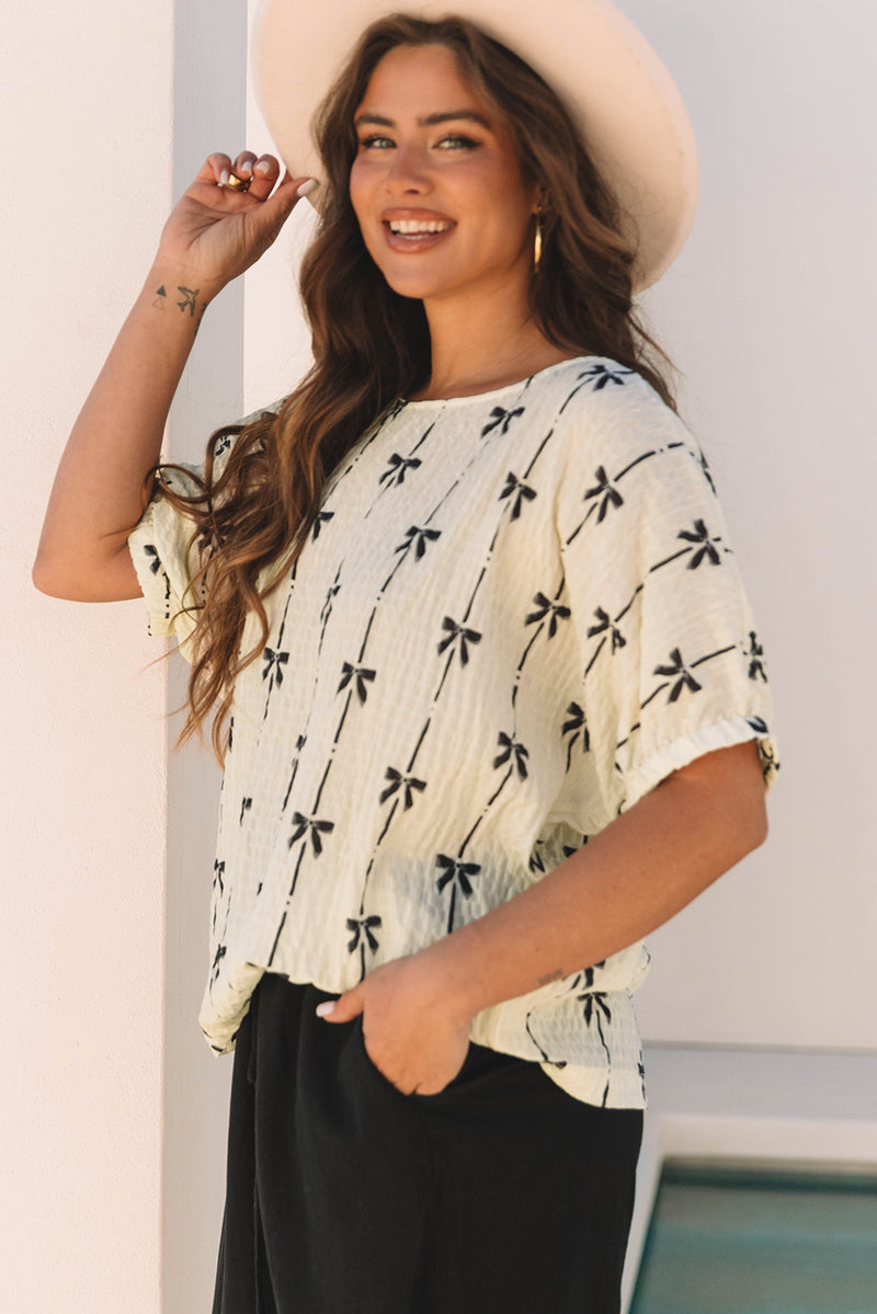 Flowy and Comfortable Bow Print Puff Short Sleeve Top