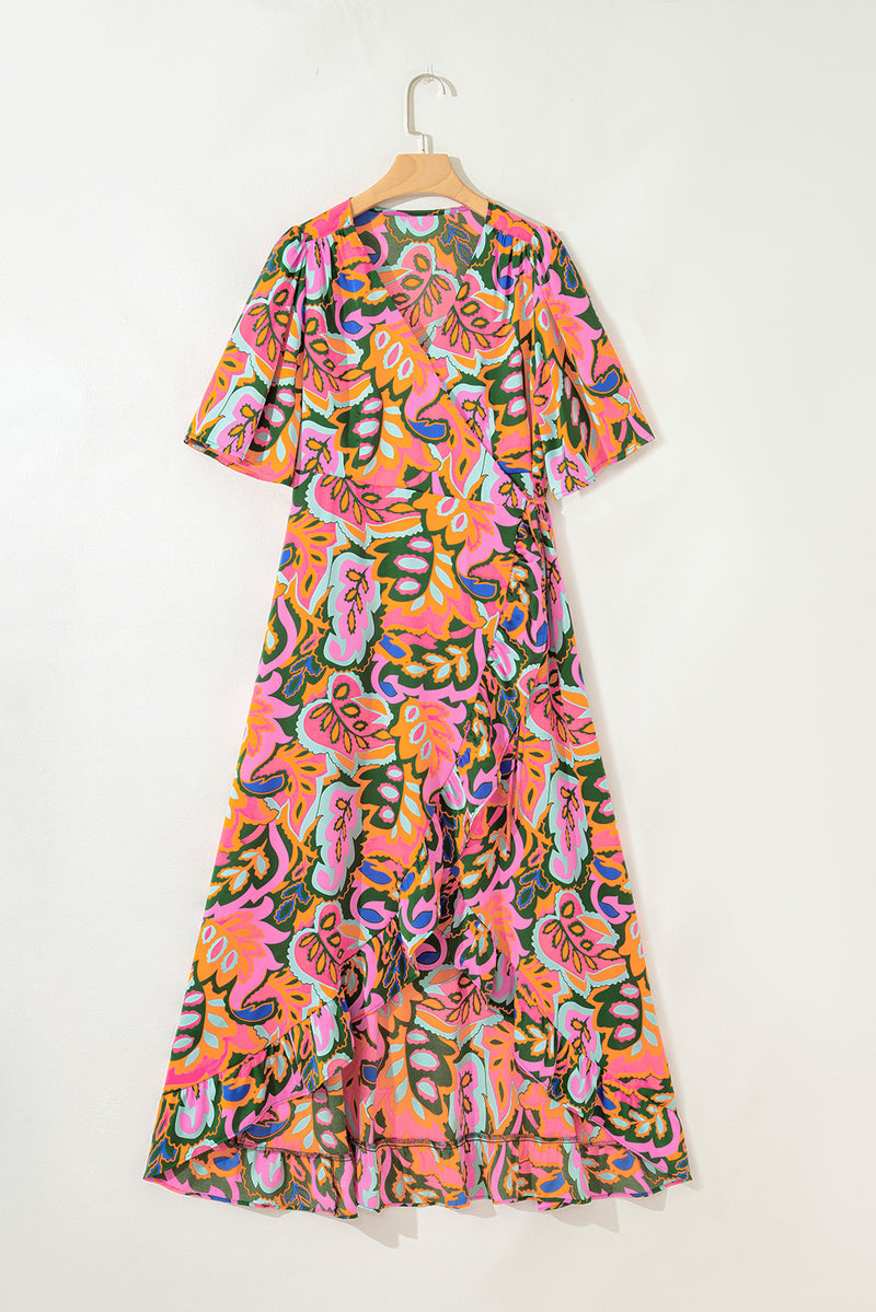 Summer Plant Print Surpliced V Neck Ruffled Asymmetric Slit Wide Short Sleeve Maxi Dress