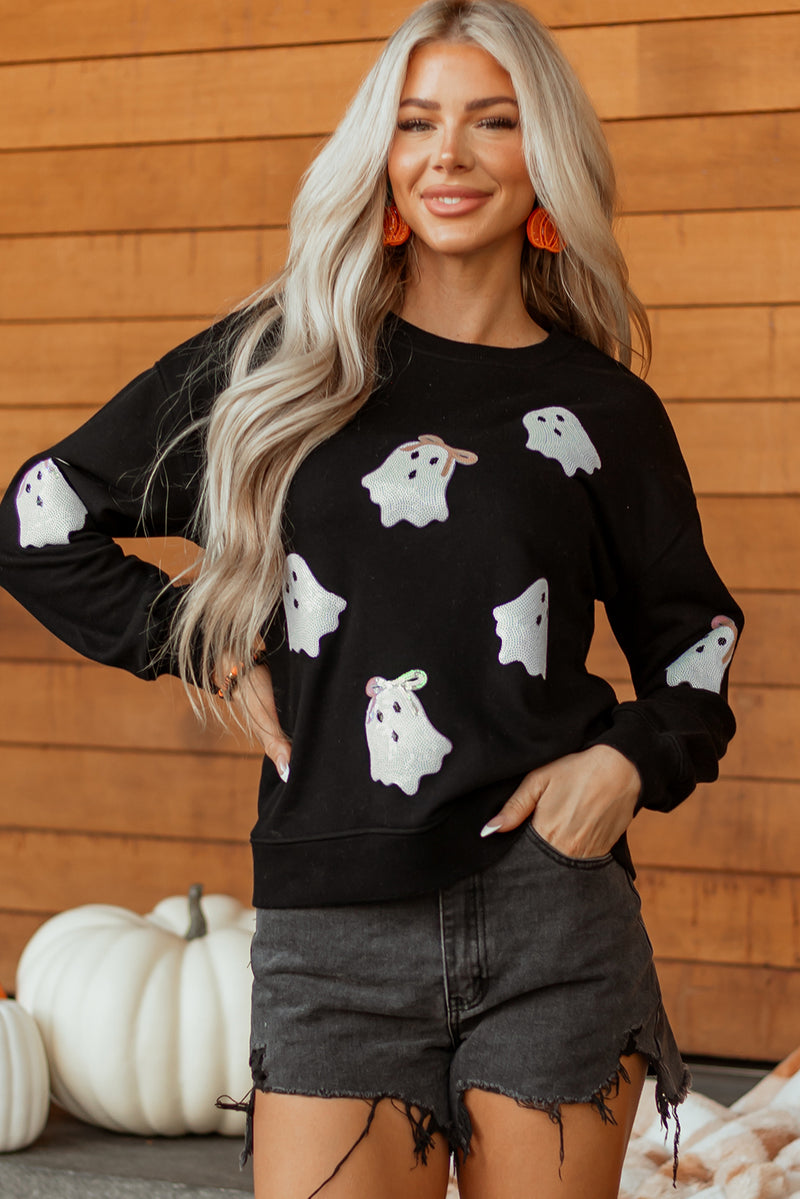 Sequin Cute Bow Ghost Graphic Crew Neck Halloween Sweatshirt