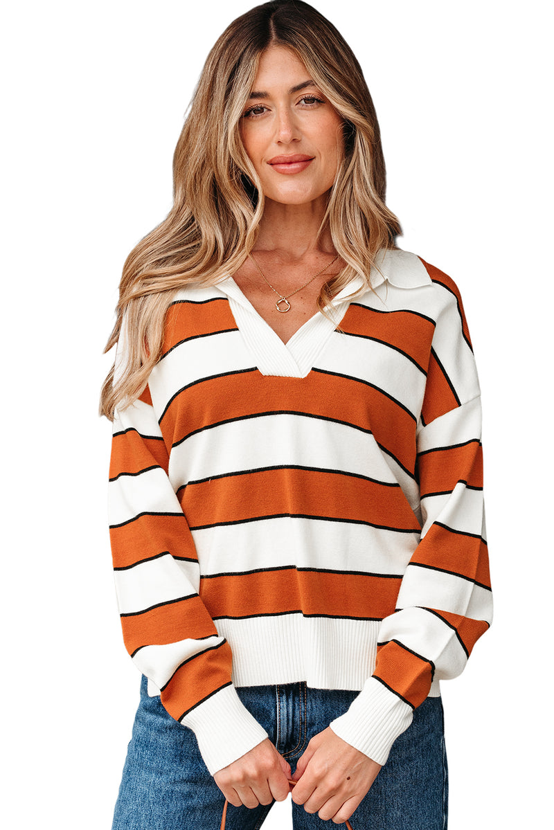 Stripe Ribbed Polo Collar Drop Shoulder Sweater