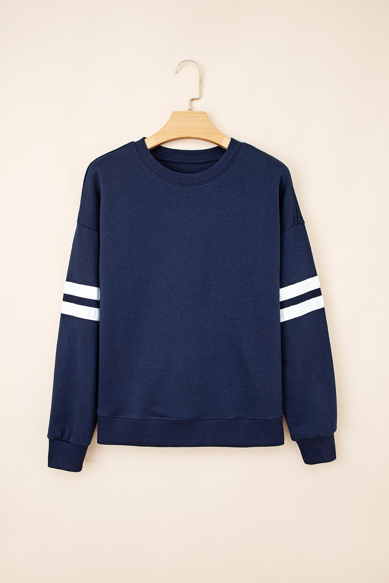 Navy Blue Varsity Striped Detail Drop Shoulder Oversized Sweatshirt