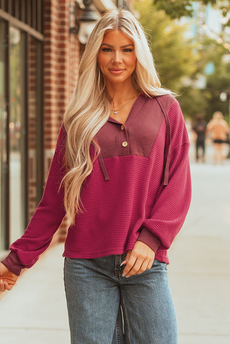 Waffle Patchwork Drop Shoulder Hooded Long Sleeve Top