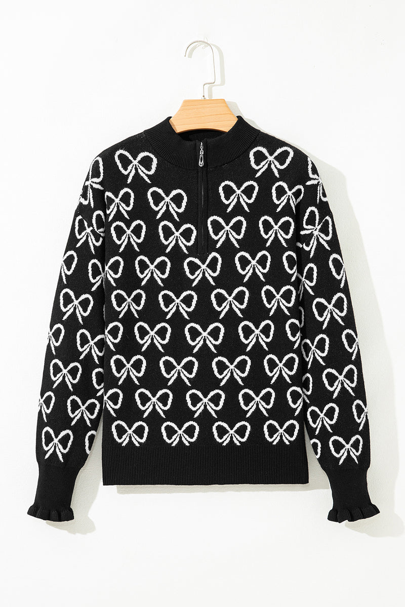 Black Cute Bow Pattern Drop Shoulder Zipped Collar Sweater