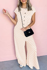 Checkered Print Buttoned Crew Neck Wide Leg Jumpsuit