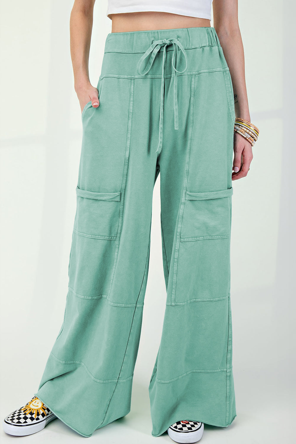 Mineral Wash Exposed Seam Drawstring Elastic Waistband Wide Leg Cargo Pants