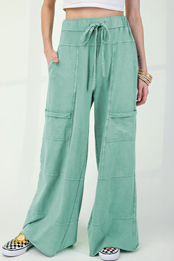 Mineral Wash Exposed Seam Drawstring Elastic Waistband Wide Leg Cargo Pants
