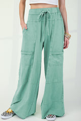Mineral Wash Exposed Seam Drawstring Elastic Waistband Wide Leg Cargo Pants