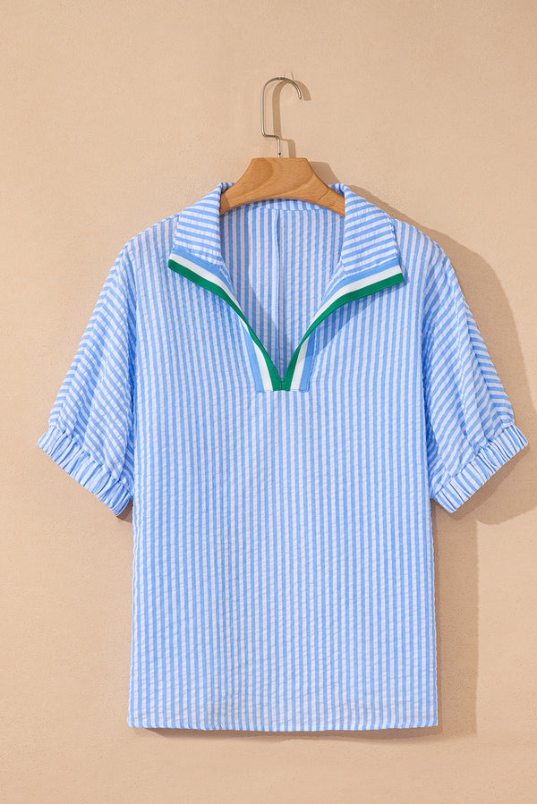 Sky Blue Striped Print Contrast Split Neck Dolman Sleeve Blouse