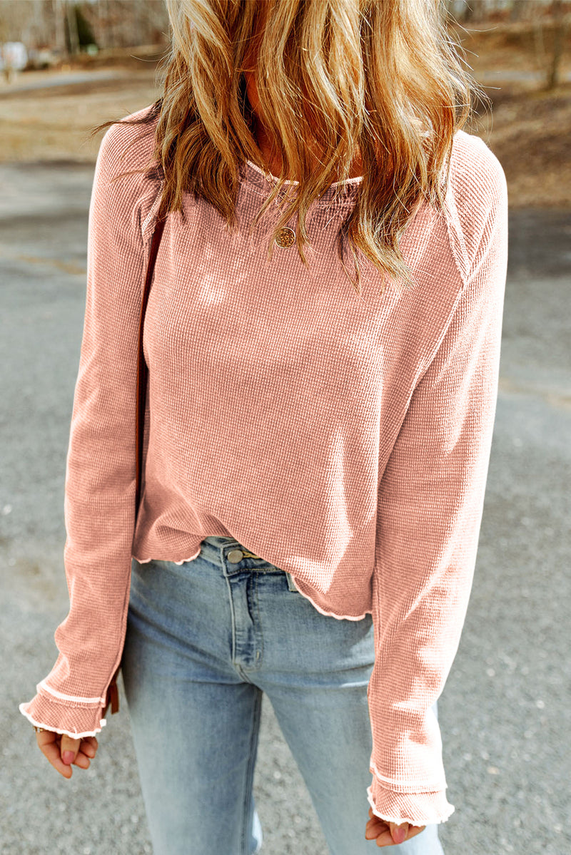 Solid Textured Round Neck Long Sleeve Top