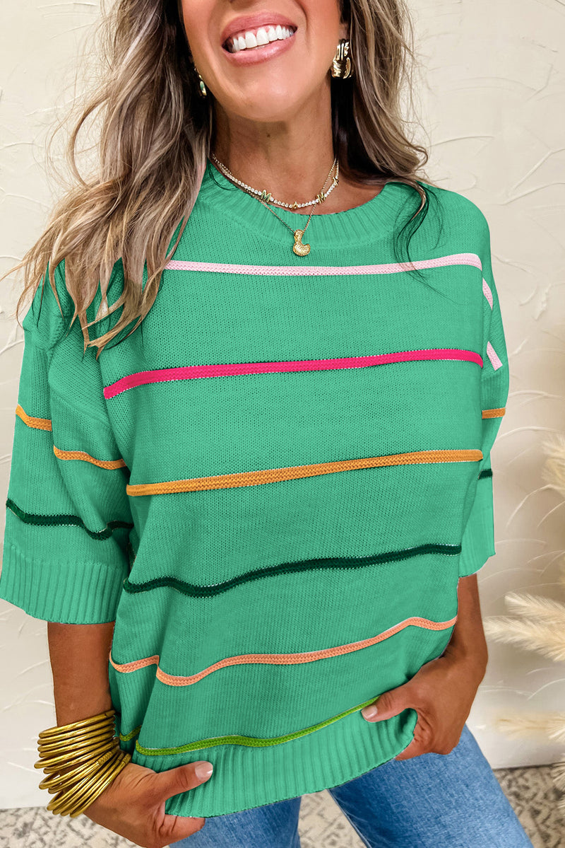 Color block Striped Half Sleeve Drop Shoulder Sweater