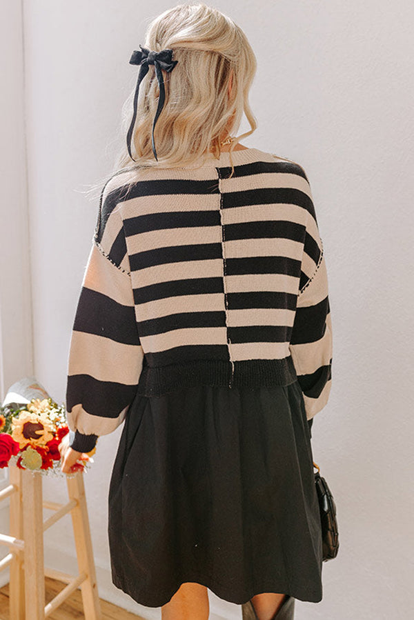 Stripe Two in One Knitted Top High Waist Splicing Hem Sweater Dress