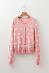 Pink Heart Pattern Button Front Cardigan Sweater