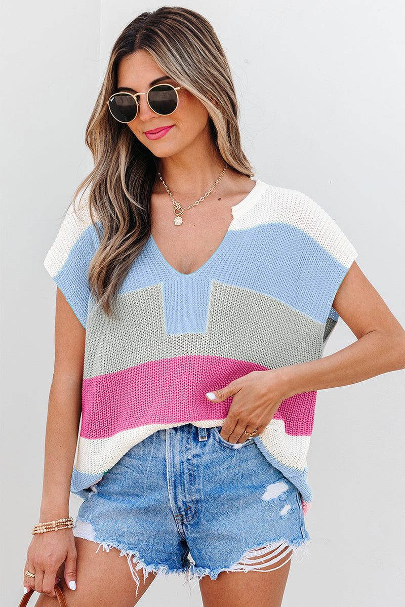 Multicolour Color Block Notch V Neck Sweater T Shirt