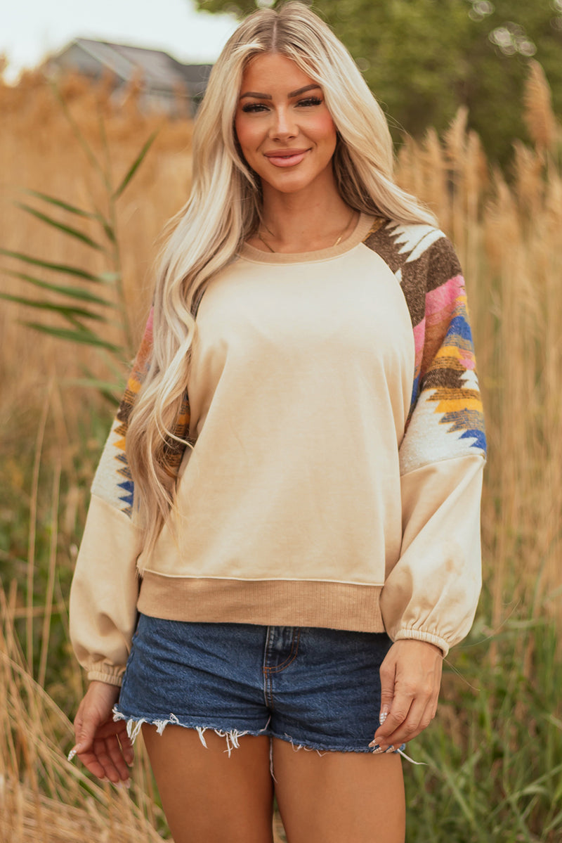 Light French Aztec Patchwork Raglan Pullover Sweatshirt