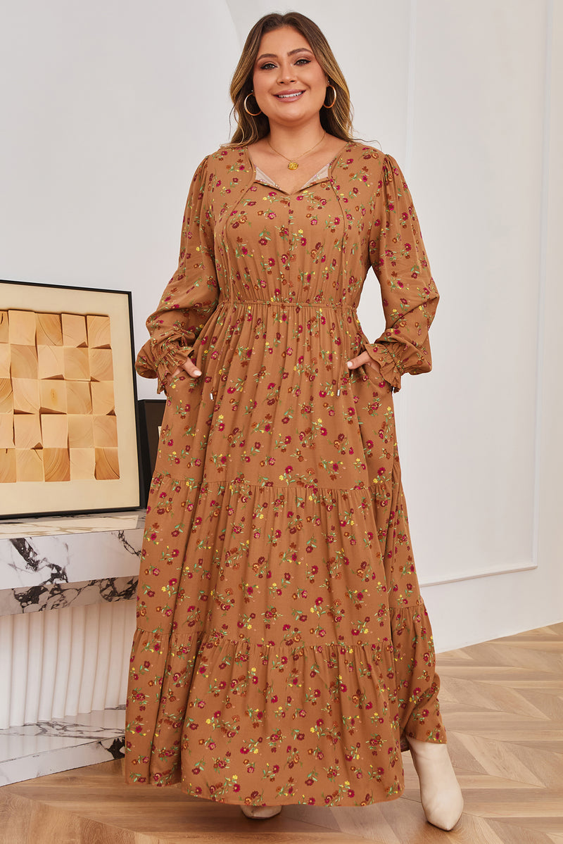 Plus Size Floral Split V Neck Ruffled Sleeve Tiered Maxi Dress