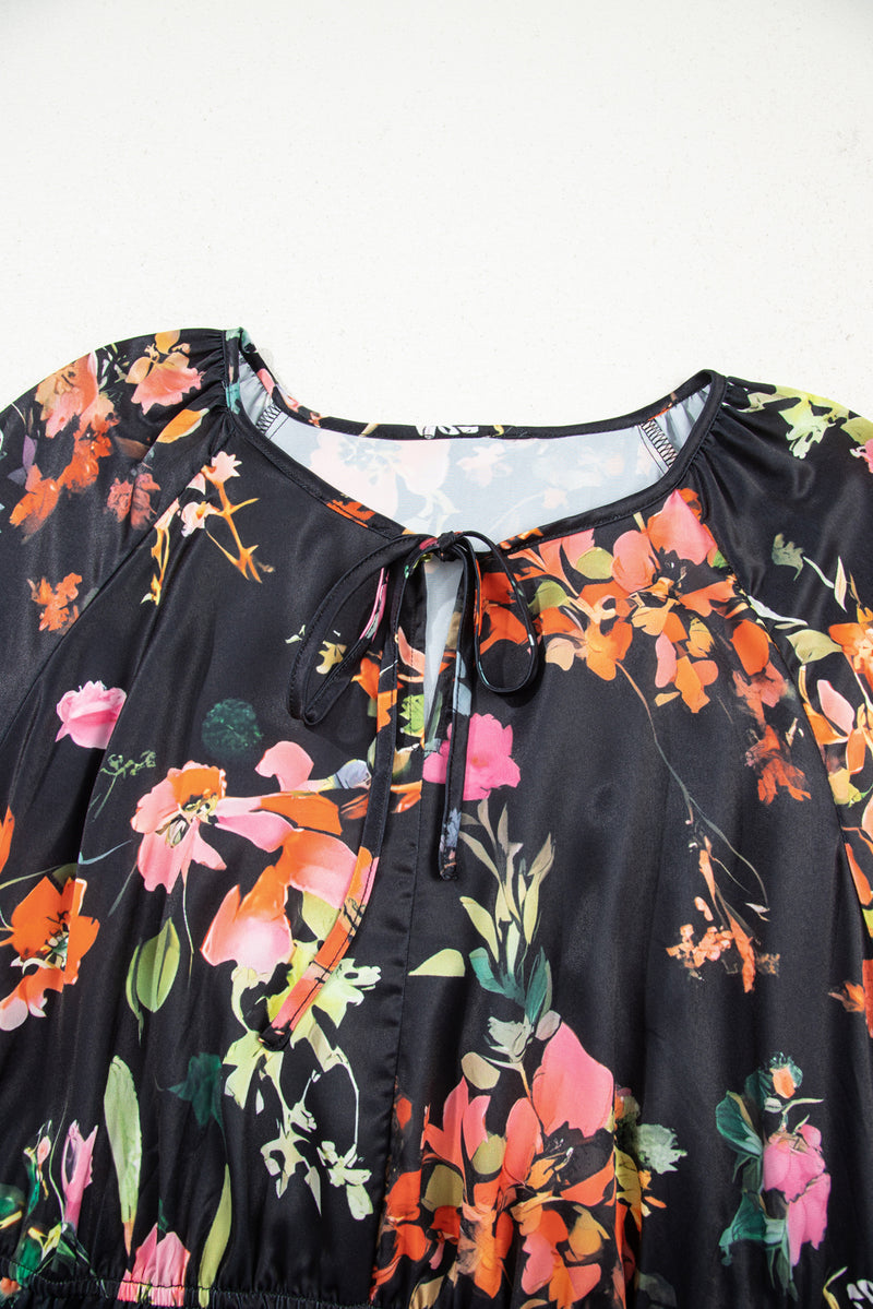 Plus Size Floral Print Tie Neck Cinched Waist Long Sleeve Mini Dress