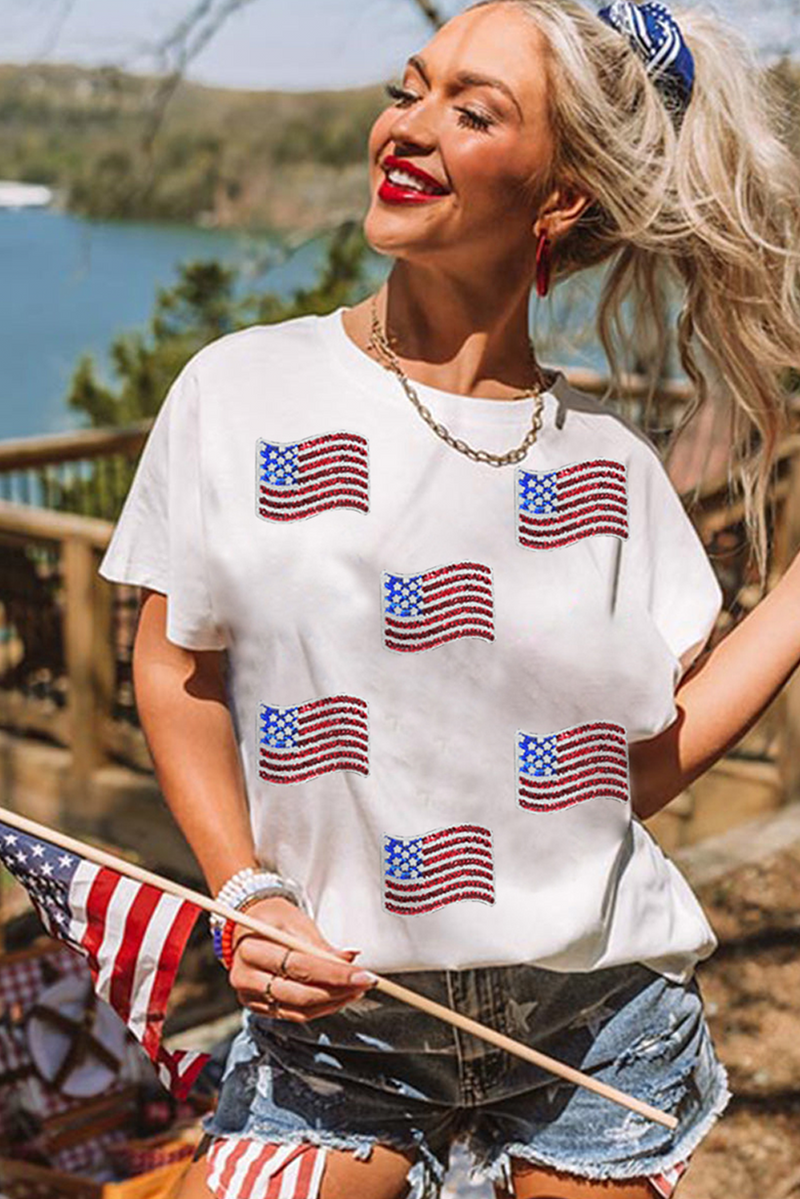 Sequin American Flag Patched Casual T Shirt