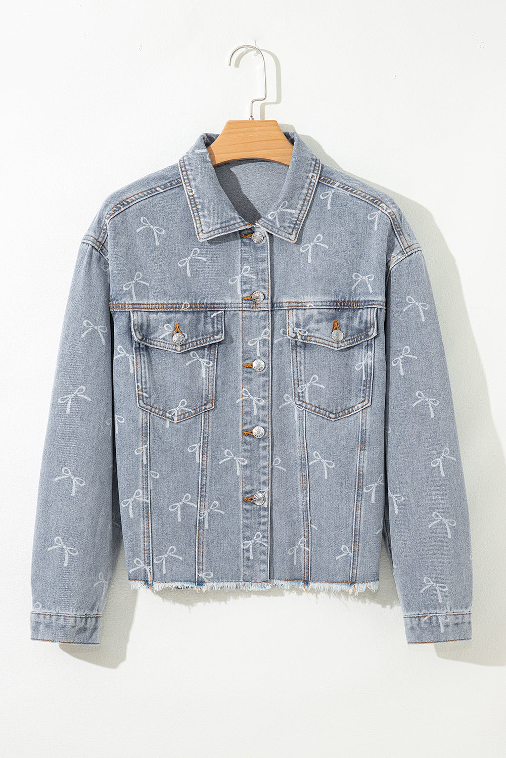Bow Knot Print Light Wash Raw Hem Denim Jacket