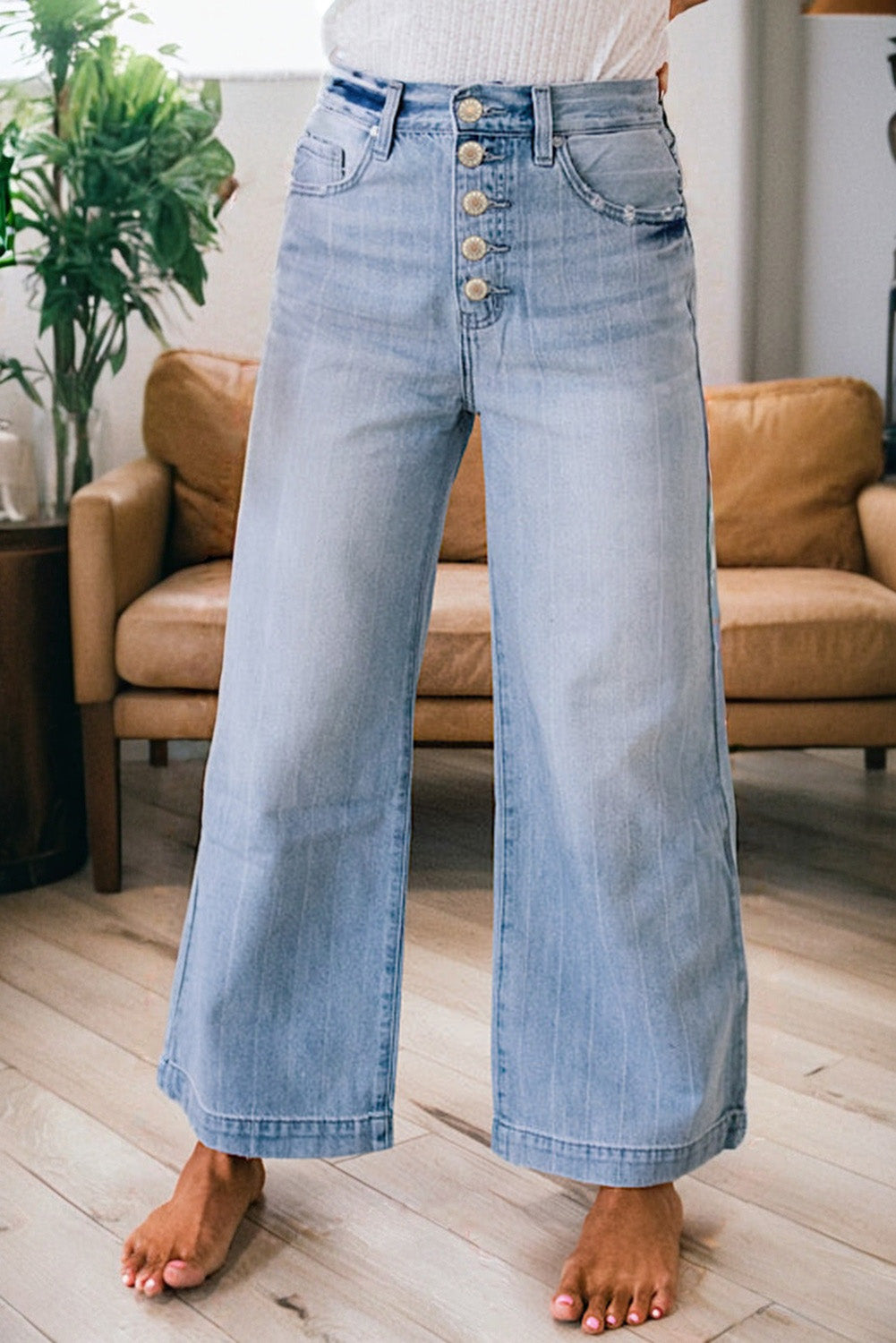Multi Buttons Pinstripe Wide Leg Jeans
