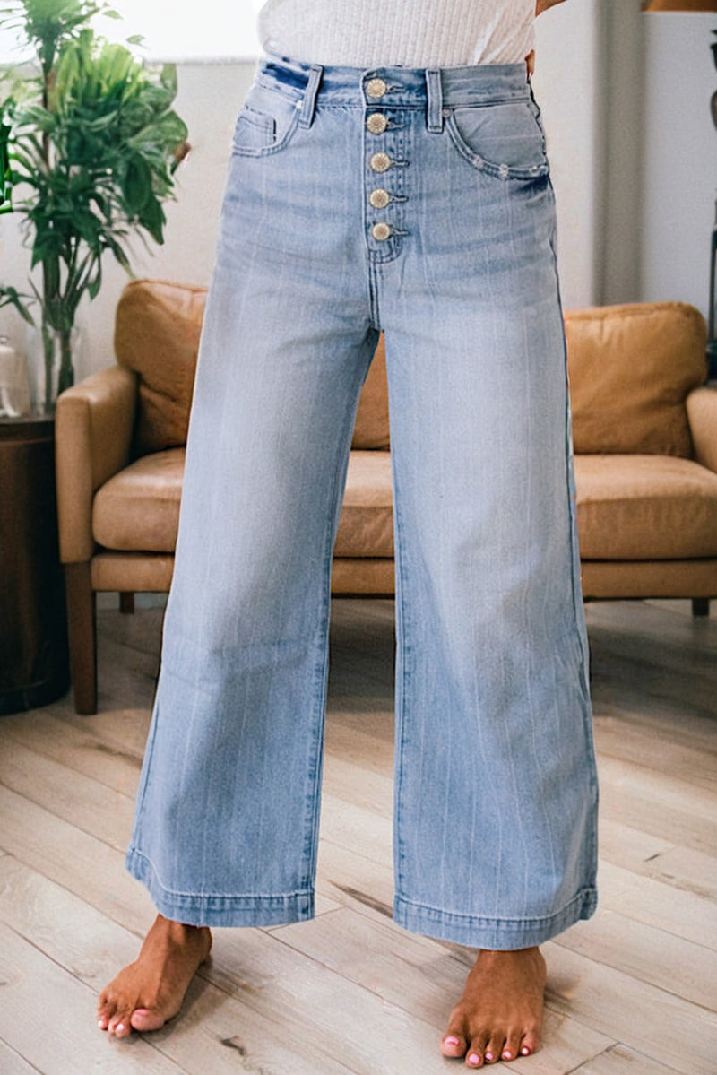 Multi Buttons Pinstripe Wide Leg Jeans