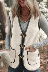 White Sherpa Contrast Trim Patch Pocket Cartridge Toggle Button Vest