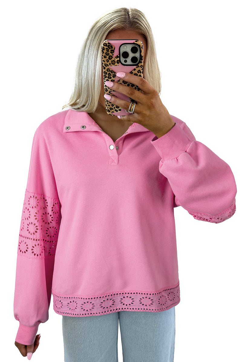 Embroidered Flower Patchwork Snap Buttons Pullover Sweatshirt