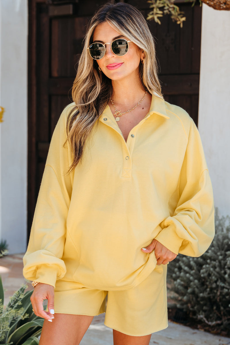 Cream Button Collar Drop Shoulder Pullover and Shorts 2pcs Outfit