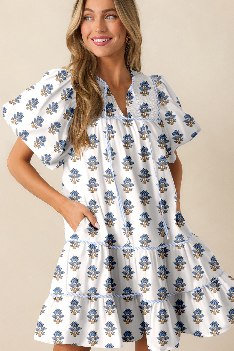Floral Puff Sleeve Tied Neck Pocketed Mini Dress