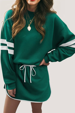 Varsity Stripe Detail Drop Shoulder Pullover Mini Skirt Set