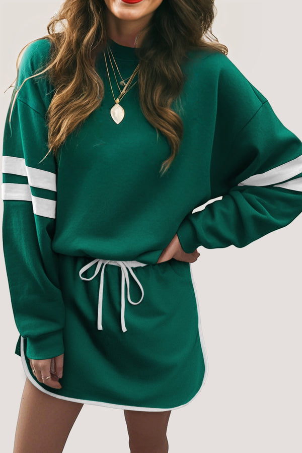 Varsity Stripe Detail Drop Shoulder Pullover Mini Skirt Set