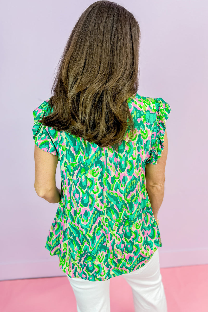 Abstract Print Ruffled Trim Tied Split Neck Tank Top