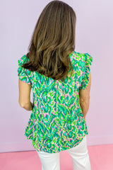Abstract Print Ruffled Trim Tied Split Neck Tank Top