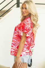 Abstract Print Ruffled Short Sleeve Mock Neck Blouse