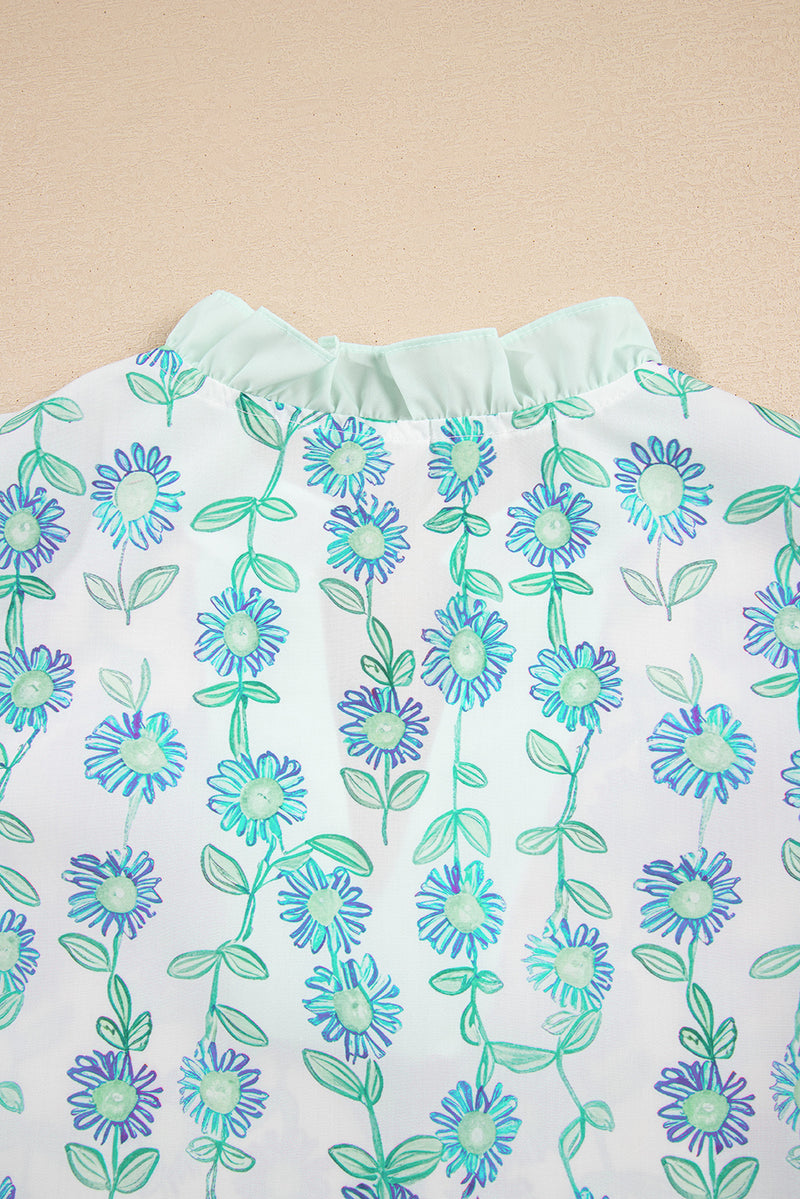 Floral Print Striped Detail Contrast V Neck Patchwork Flutter Sleeve Blouse