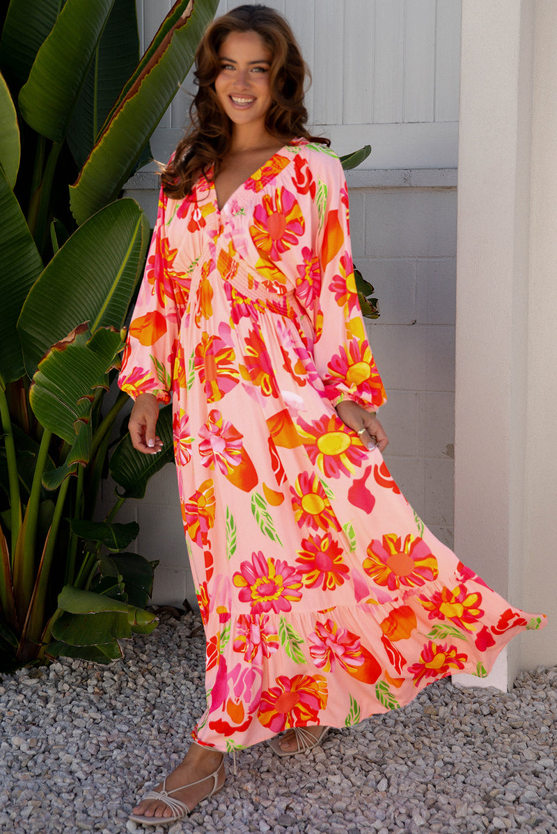 Floral Print Smocked Detail V Neck Puff Sleeve Flowy Maxi Dress