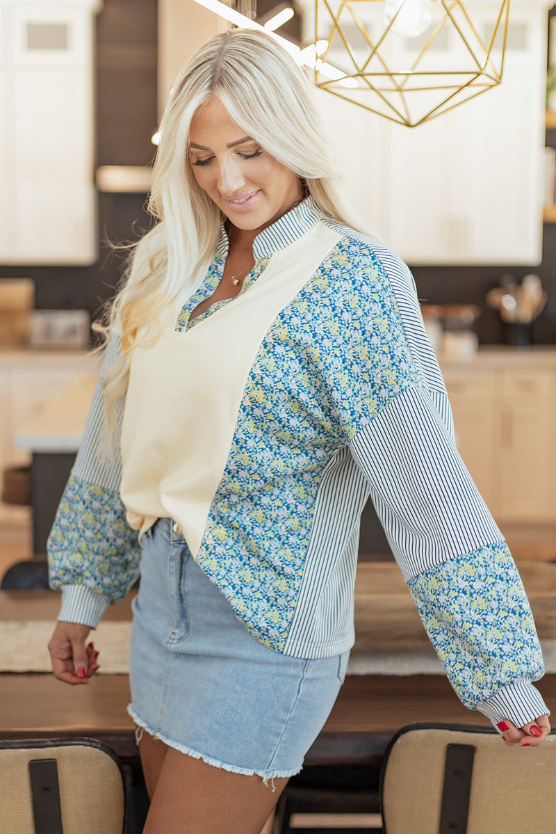 Floral Striped Drop Sleeve Collared Boxy Fit Sweatshirt