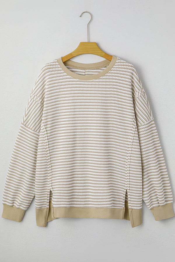 Stripe Plus Size Breathable Knit Ribbed Trim Long Sleeve Top