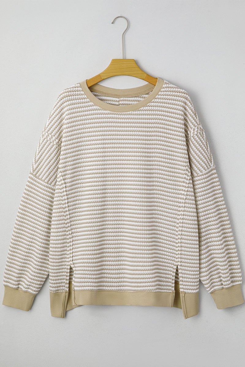Stripe Plus Size Breathable Knit Ribbed Trim Long Sleeve Top