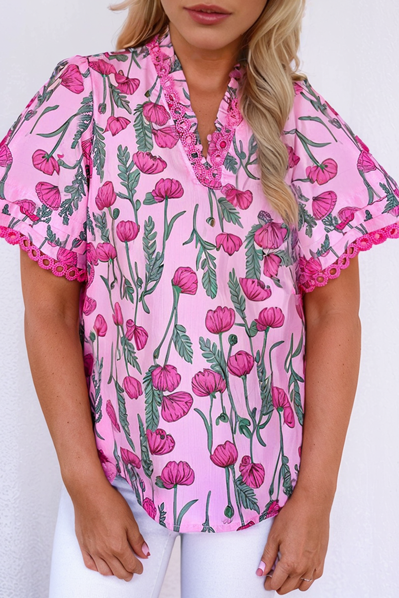 Floral Lace Detail Frilled V Neck Summer Blouse
