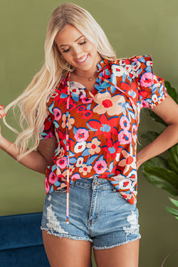 Flower Print Self Tie Frilled Collar Puff Sleeve Blouse