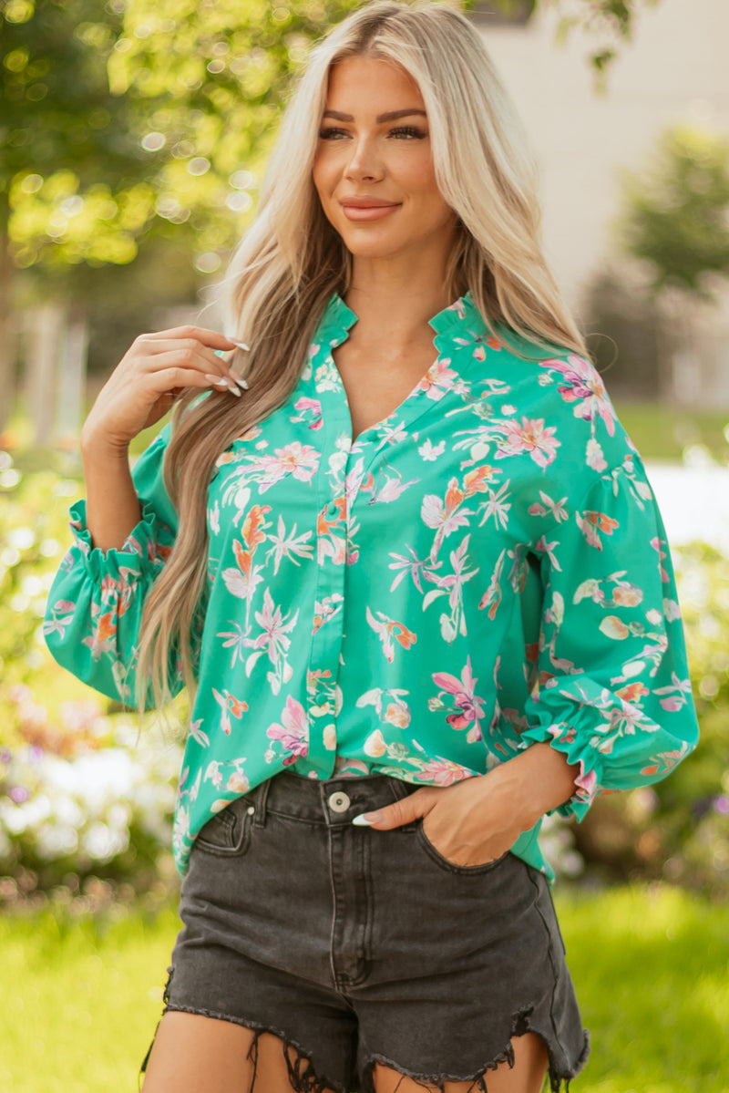 Floral Lantern Sleeve Button Front Shirt