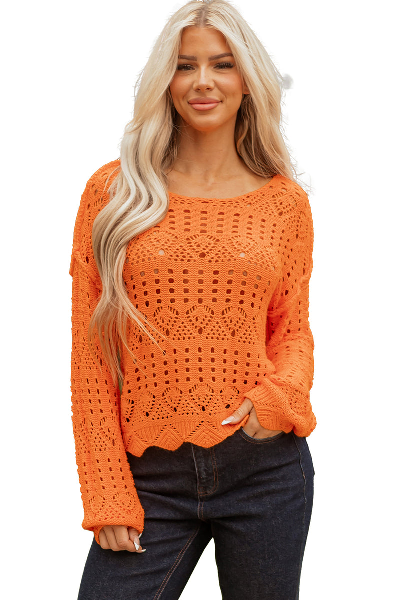 Orange Solid Color Open Crochet Scallop Edge Sweater