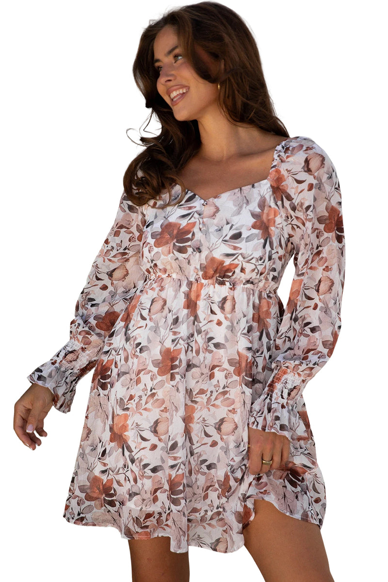 Floral Print Sweetheart Neck Long Sleeve High Waist Mini Dress