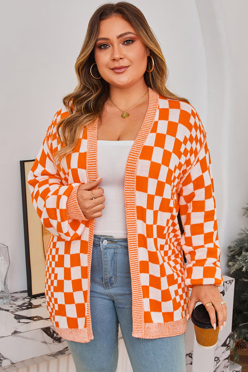 Checkered Bubble Sleeve Drop Shoulder Open Cardigan