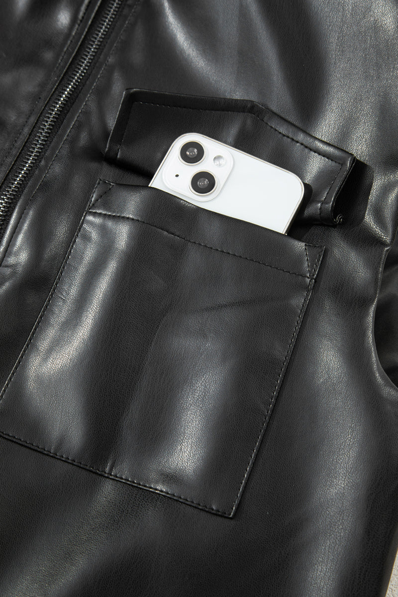 Double Flap Pocket Faux Leather Zip Up Stand Neck Vest
